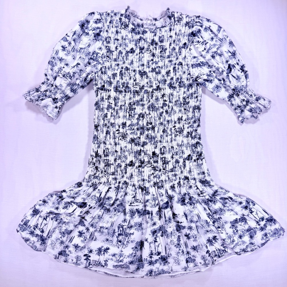 SIR The Label Dimitri Toile Mini Dress Blue White Shirred Smocked Puff Sleeve 0